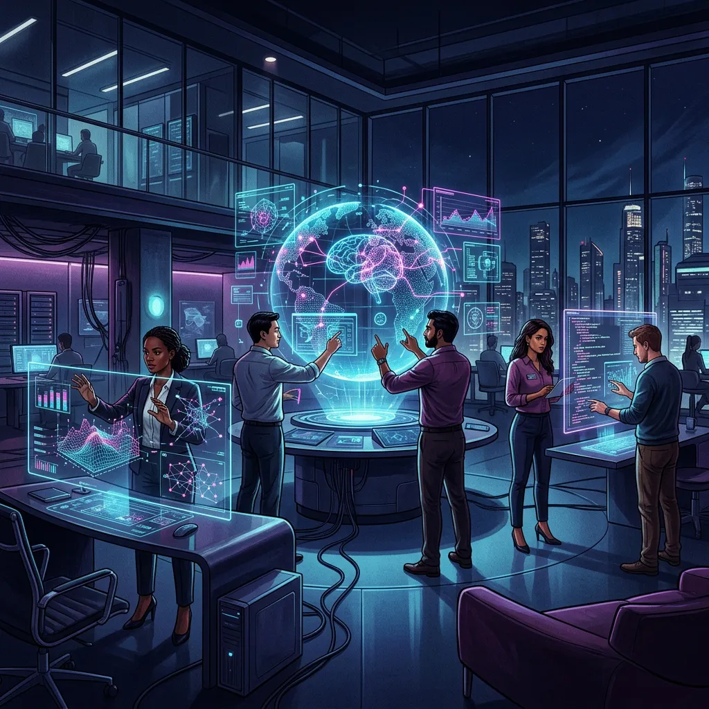 Profissionais de diversas áreas trabalhando com interfaces holográficas de IA em um escritório moderno
