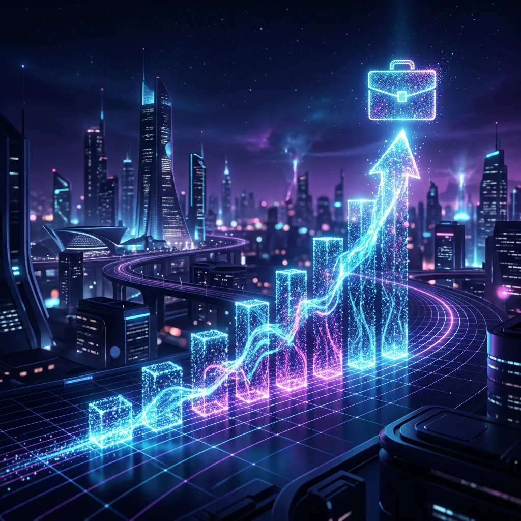 Gráfico de salários em ascensão formado por partículas de luz
