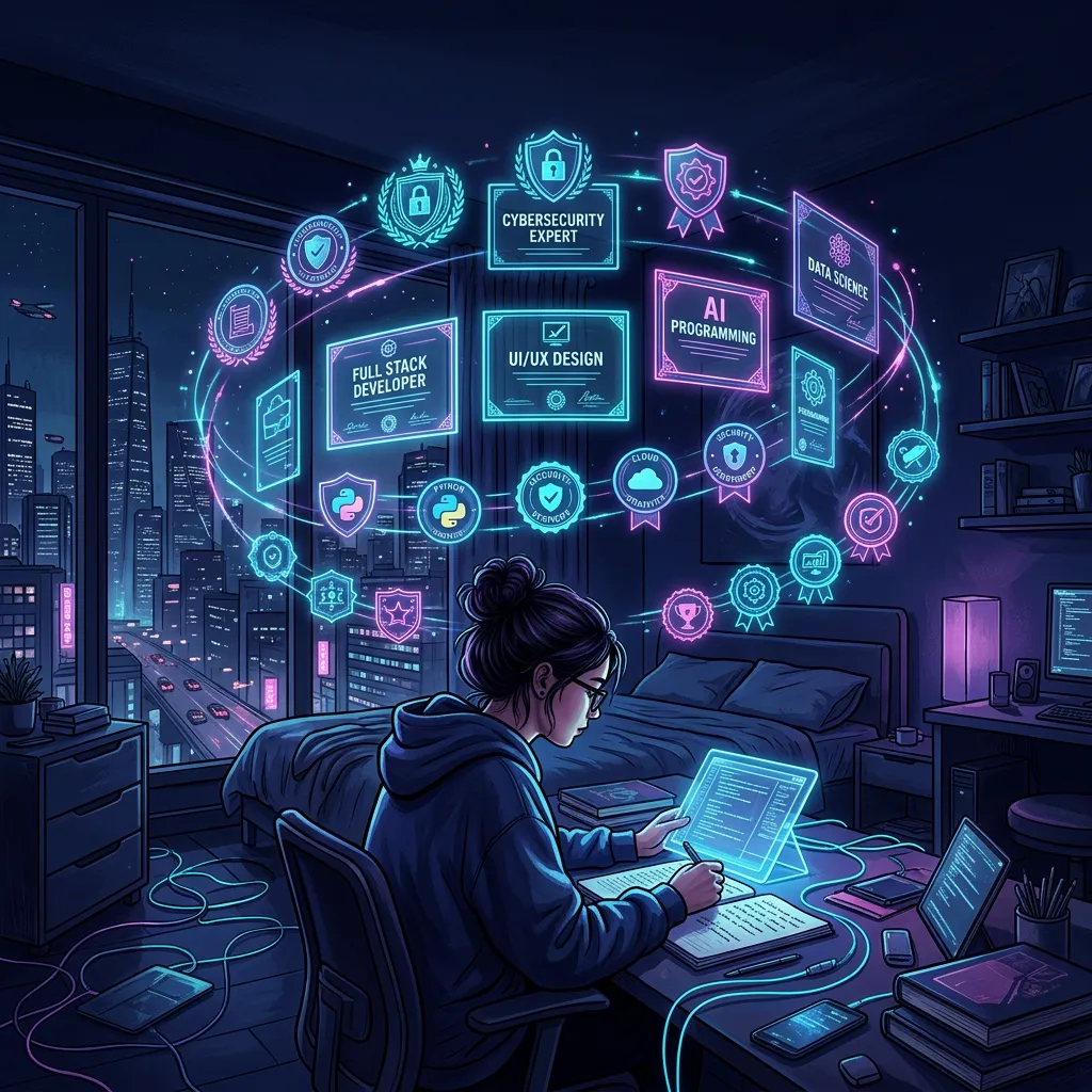 Pessoa estudando à noite com certificados e medalhas de habilidades orbitando ao redor