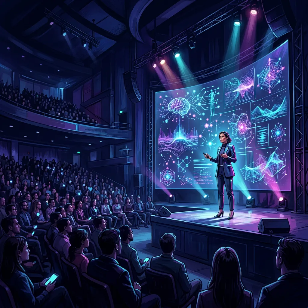 Apresentador no palco com visuais gerados por IA projetados ao fundo