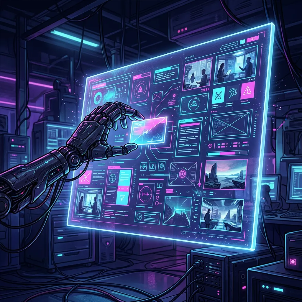 Mão robótica organizando elementos de design, tipografia e imagens em um slide
