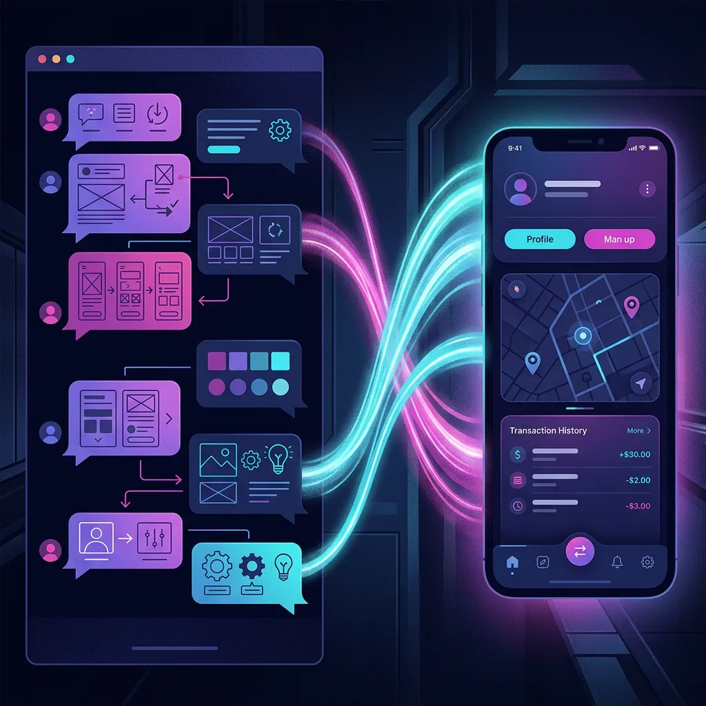 Conversa em chat se transformando em um aplicativo pronto, conectados por feixes de luz