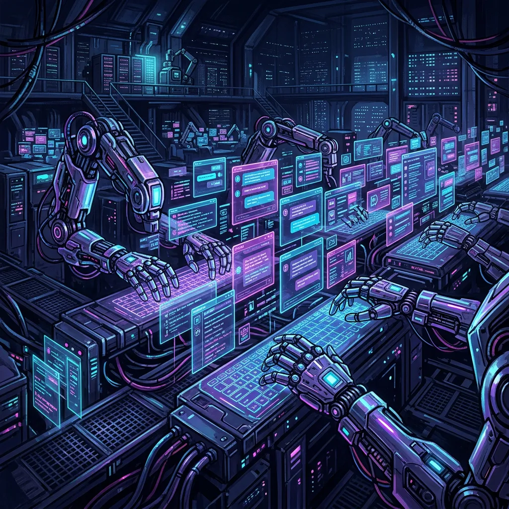 Ilustração de atendimento automático com IA respondendo conversas em janelas de chat