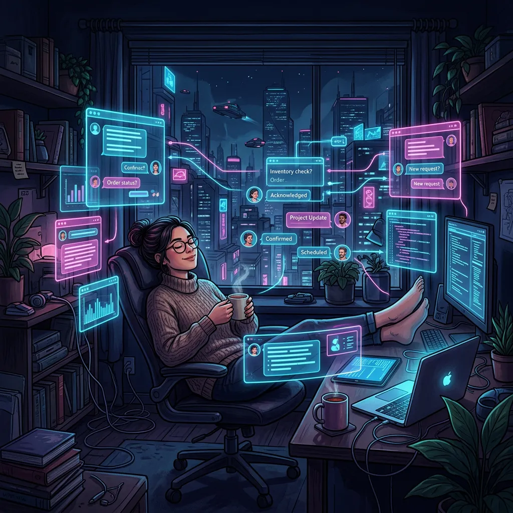 Empreendedor tranquilo enquanto a IA responde mensagens de clientes automaticamente