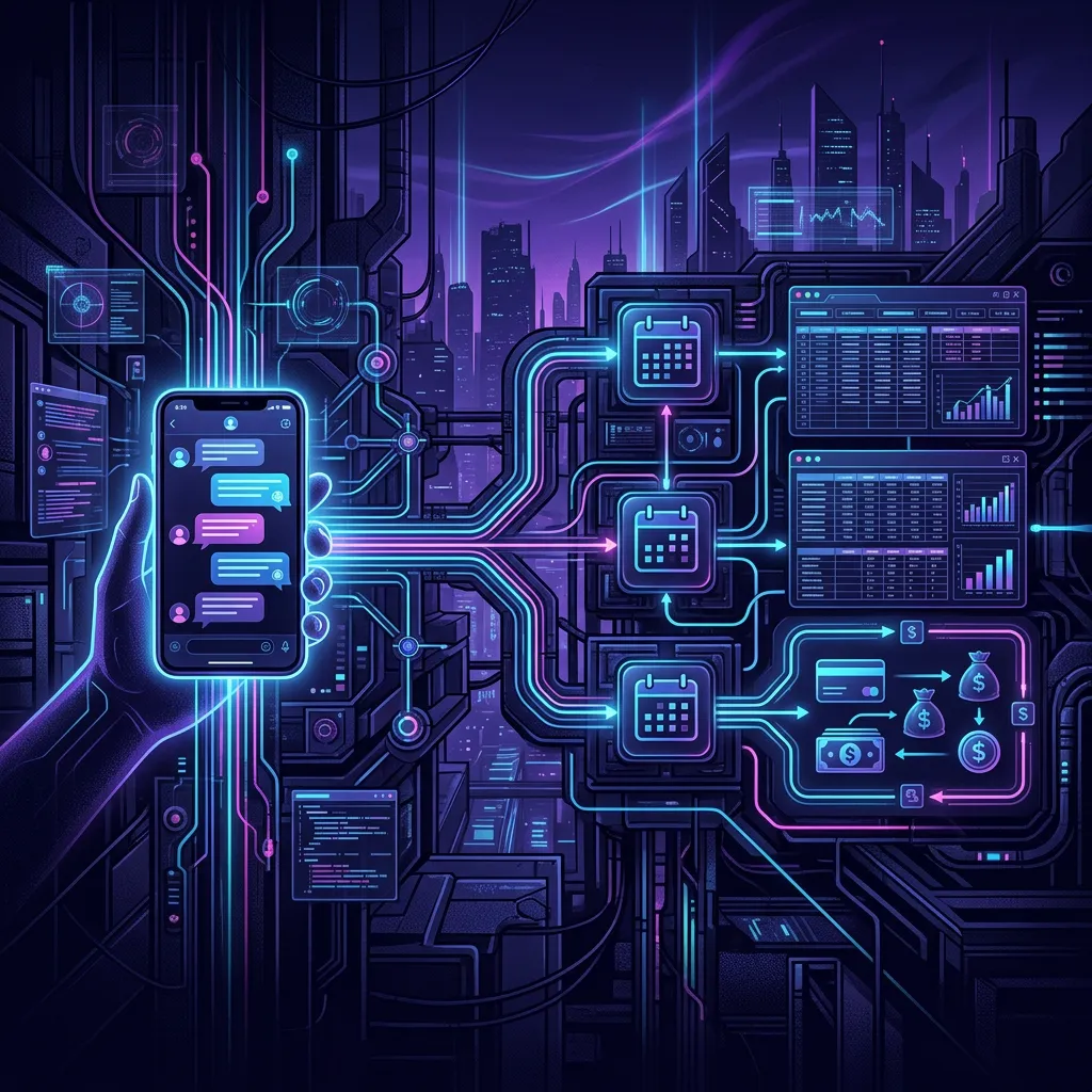 Fluxo de automação conectando o WhatsApp a agenda, planilhas e pagamentos